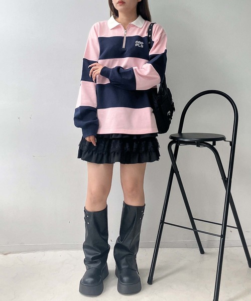 AS KNOW AS plus(アズノゥアズプラス)の「♪ワンポイントロゴ刺繍 ハーフジップ ラガーボーダープルオーバー(スウェット・レディース・ホワイト×ブラック/ホワイト×グリーン/ピンク系その他・FREE)」の14枚目の写真