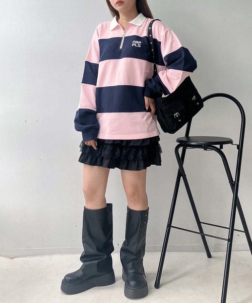 AS KNOW AS plus(アズノゥアズプラス)の「♪ワンポイントロゴ刺繍 ハーフジップ ラガーボーダープルオーバー(スウェット・レディース・ホワイト×ブラック/ホワイト×グリーン/ピンク系その他・FREE)」の15枚目の写真