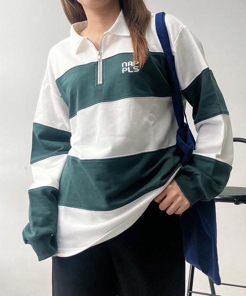 AS KNOW AS plus(アズノゥアズプラス)の「♪ワンポイントロゴ刺繍 ハーフジップ ラガーボーダープルオーバー(スウェット・レディース・ホワイト×ブラック/ホワイト×グリーン/ピンク系その他・FREE)」の16枚目の写真