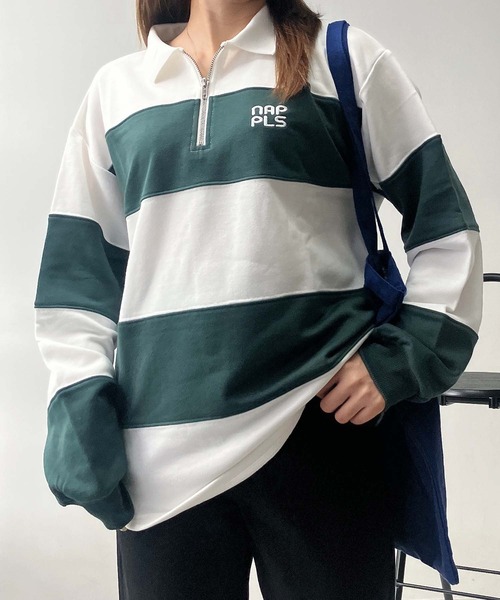 AS KNOW AS plus(アズノゥアズプラス)の「♪ワンポイントロゴ刺繍 ハーフジップ ラガーボーダープルオーバー(スウェット・レディース・ホワイト×ブラック/ホワイト×グリーン/ピンク系その他・FREE)」の17枚目の写真
