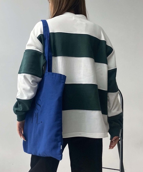 AS KNOW AS plus(アズノゥアズプラス)の「♪ワンポイントロゴ刺繍 ハーフジップ ラガーボーダープルオーバー(スウェット・レディース・ホワイト×ブラック/ホワイト×グリーン/ピンク系その他・FREE)」の20枚目の写真