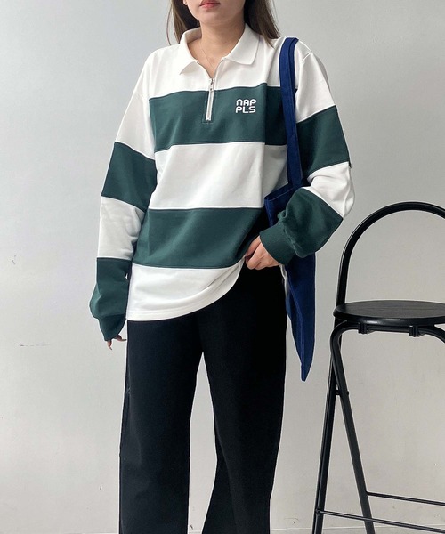 AS KNOW AS plus(アズノゥアズプラス)の「♪ワンポイントロゴ刺繍 ハーフジップ ラガーボーダープルオーバー(スウェット・レディース・ホワイト×ブラック/ホワイト×グリーン/ピンク系その他・FREE)」の21枚目の写真