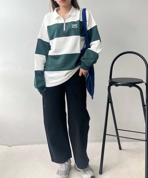AS KNOW AS plus(アズノゥアズプラス)の「♪ワンポイントロゴ刺繍 ハーフジップ ラガーボーダープルオーバー(スウェット・レディース・ホワイト×ブラック/ホワイト×グリーン/ピンク系その他・FREE)」の22枚目の写真