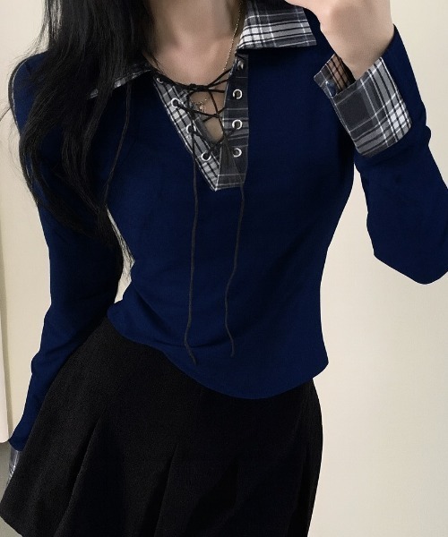 DIAVEL（ディアベル）の「チェックレースアップガーリートップス（Tシャツ/カットソー・レディース・ネイビー/ホワイト/グレー/ブラック・M）」の4枚目の写真