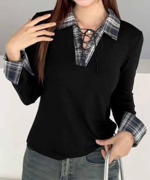 DIAVEL（ディアベル）の「チェックレースアップガーリートップス（Tシャツ/カットソー・レディース・ネイビー/ホワイト/グレー/ブラック・M）」の3枚目の写真