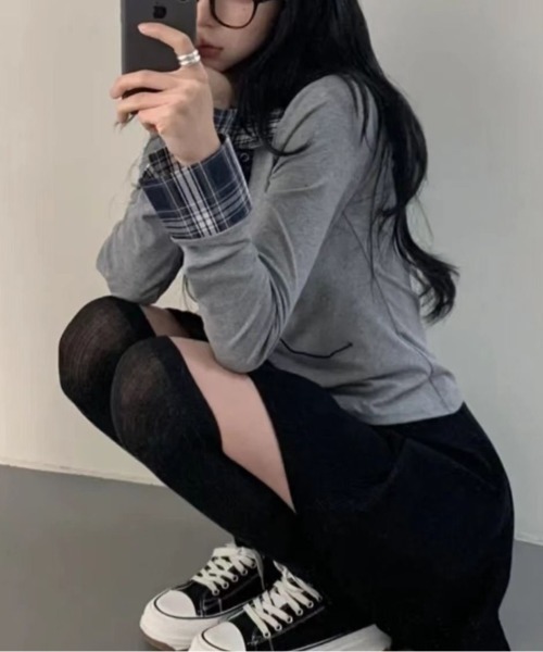 DIAVEL（ディアベル）の「チェックレースアップガーリートップス（Tシャツ/カットソー・レディース・ネイビー/ホワイト/グレー/ブラック・M）」の9枚目の写真