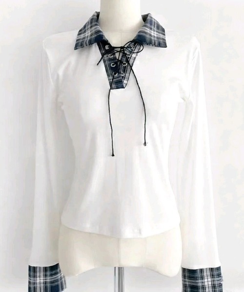 DIAVEL（ディアベル）の「チェックレースアップガーリートップス（Tシャツ/カットソー・レディース・ネイビー/ホワイト/グレー/ブラック・M）」の14枚目の写真