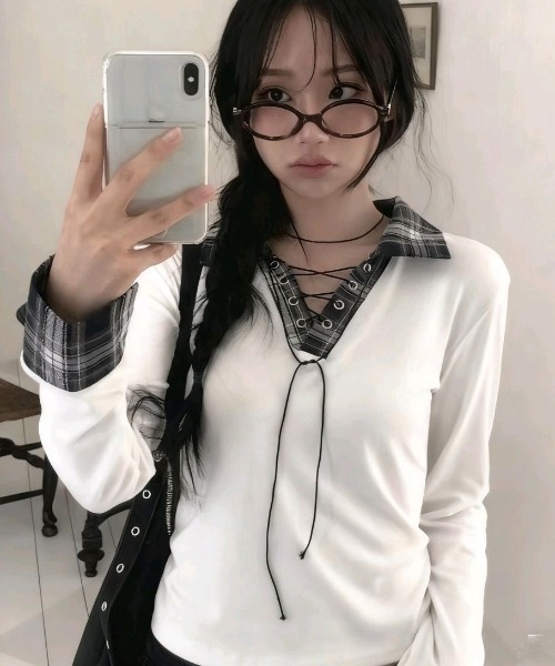 DIAVEL（ディアベル）の「チェックレースアップガーリートップス（Tシャツ/カットソー・レディース・ネイビー/ホワイト/グレー/ブラック・M）」の12枚目の写真