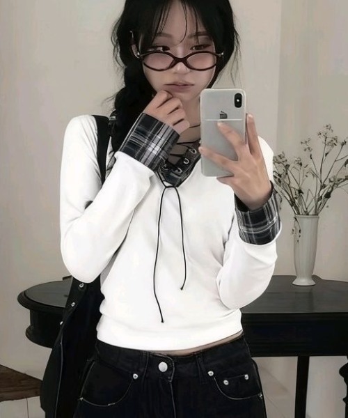 DIAVEL（ディアベル）の「チェックレースアップガーリートップス（Tシャツ/カットソー・レディース・ネイビー/ホワイト/グレー/ブラック・M）」の11枚目の写真