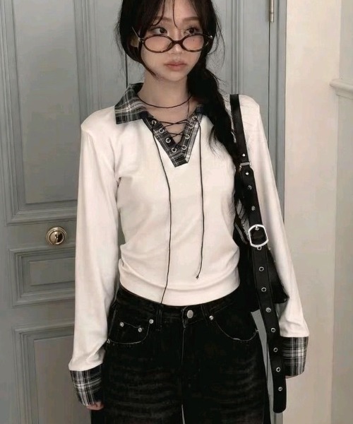 DIAVEL（ディアベル）の「チェックレースアップガーリートップス（Tシャツ/カットソー・レディース・ネイビー/ホワイト/グレー/ブラック・M）」の13枚目の写真