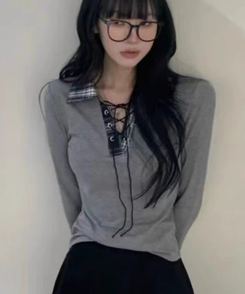 DIAVEL（ディアベル）の「チェックレースアップガーリートップス（Tシャツ/カットソー・レディース・ネイビー/ホワイト/グレー/ブラック・M）」の8枚目の写真