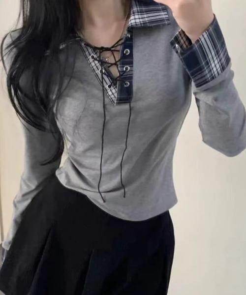 DIAVEL（ディアベル）の「チェックレースアップガーリートップス（Tシャツ/カットソー・レディース・ネイビー/ホワイト/グレー/ブラック・M）」の7枚目の写真