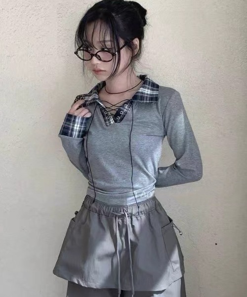 DIAVEL（ディアベル）の「チェックレースアップガーリートップス（Tシャツ/カットソー・レディース・ネイビー/ホワイト/グレー/ブラック・M）」の5枚目の写真