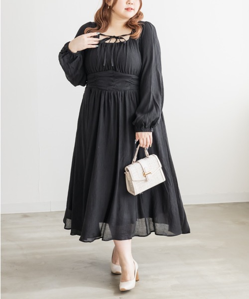 CLETTE(クレット)の「CLETTEオリジナルデコルテリボンギャザーワンピース(ワンピース・レディース・ピンク/ブラック/ブルー・LL/3L/4L)」の1枚目の写真
