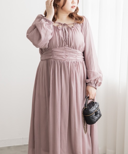 CLETTE(クレット)の「CLETTEオリジナルデコルテリボンギャザーワンピース(ワンピース・レディース・ピンク/ブラック/ブルー・LL/3L/4L)」の8枚目の写真
