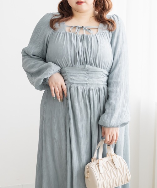 CLETTE(クレット)の「CLETTEオリジナルデコルテリボンギャザーワンピース(ワンピース・レディース・ピンク/ブラック/ブルー・LL/3L/4L)」の12枚目の写真