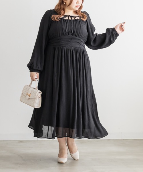 CLETTE(クレット)の「CLETTEオリジナルデコルテリボンギャザーワンピース(ワンピース・レディース・ピンク/ブラック/ブルー・LL/3L/4L)」の16枚目の写真