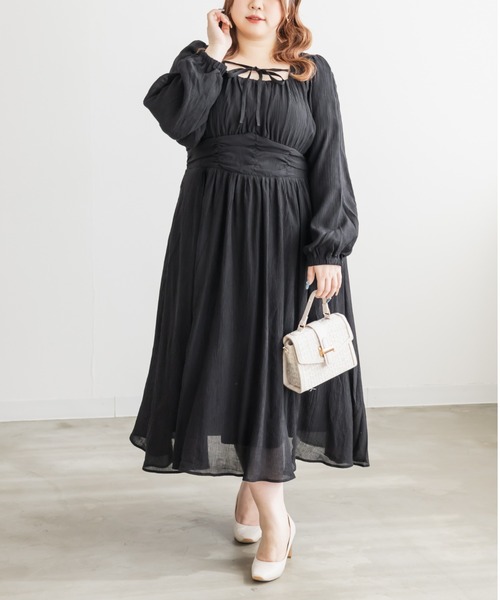 CLETTE(クレット)の「CLETTEオリジナルデコルテリボンギャザーワンピース(ワンピース・レディース・ピンク/ブラック/ブルー・LL/3L/4L)」の14枚目の写真