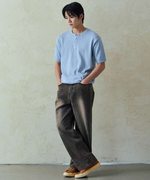 NODU（ノードユー）の「プレーンヘンリーネック半袖ニット[ライトブルー]（ニット/セーター・メンズ・その他・MEDIUM/LARGE）」の2枚目の写真