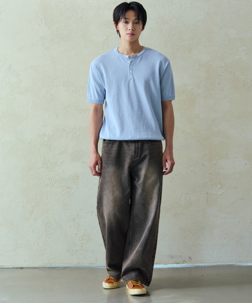 NODU（ノードユー）の「プレーンヘンリーネック半袖ニット[ライトブルー]（ニット/セーター・メンズ・その他・MEDIUM/LARGE）」の3枚目の写真