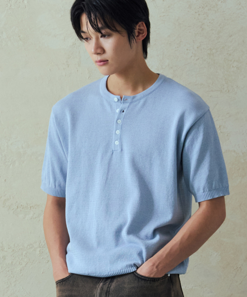 NODU（ノードユー）の「プレーンヘンリーネック半袖ニット[ライトブルー]（ニット/セーター・メンズ・その他・MEDIUM/LARGE）」の5枚目の写真