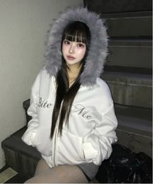 gossip！ロサンゼルス | Y2K 裏起毛ファーフード刺繍ロゴダブルジップパーカー(パーカー)