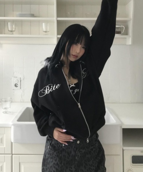 セール】Y2K 裏起毛ファーフード刺繍ロゴダブルジップパーカー