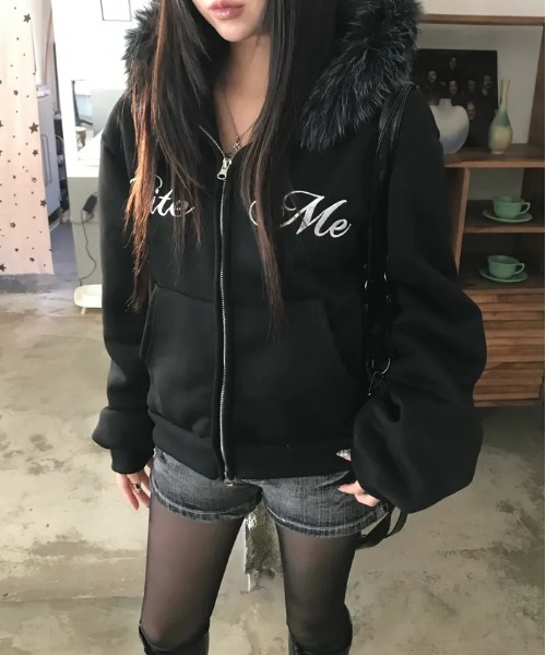 セール】Y2K 裏起毛ファーフード刺繍ロゴダブルジップパーカー