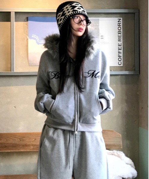 セール】Y2K 裏起毛ファーフード刺繍ロゴダブルジップパーカー