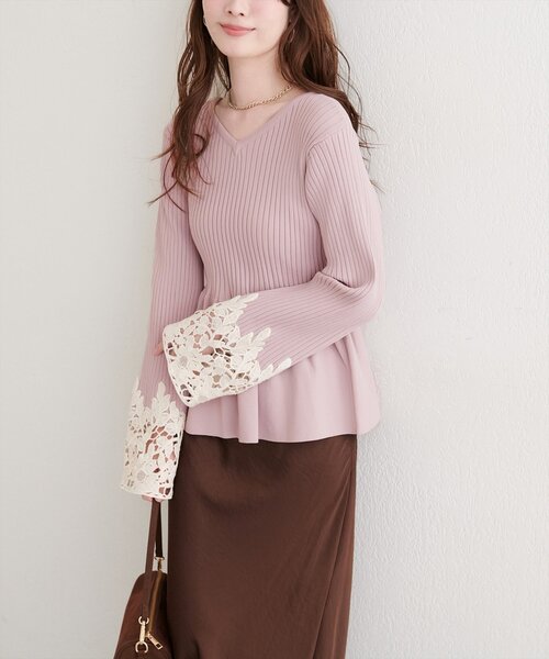 セール】袖レースペプラムニット（ニット/セーター）｜natural couture