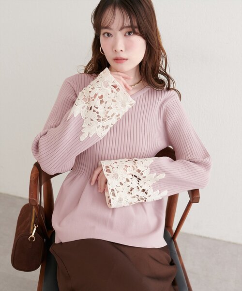セール】袖レースペプラムニット（ニット/セーター）｜natural couture