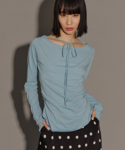 yae（ヤエ）の「Boat neck ribbon long T-shirt / ボートネックリボンロングTシャツ（Tシャツ/カットソー・レディース・ブラック/ライトブルー/ライトグリーン・FREE）」の3枚目の写真