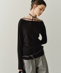 yae | Boat neck ribbon long T-shirt / ボートネックリボンロングTシャツ(Tシャツ/カットソー)
