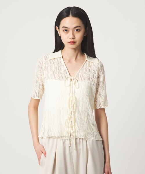 EMMEL REFINES(エメルリファインズ)の「<EMMEL REFINES>カットレース リボン トップス(Tシャツ/カットソー・レディース・ライトブルー/ブラック/オフホワイト・FREE)」の2枚目の写真