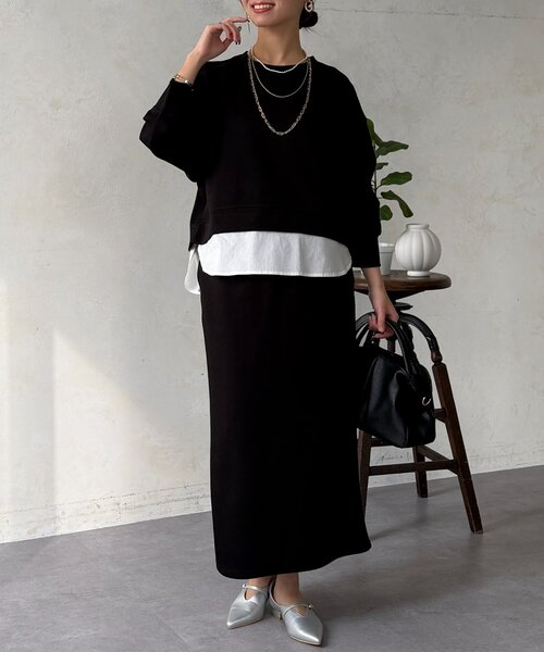 Chez toi(シェトワ)の「【タイパ・コスパ最強】ボンディングプルオーバー×ナロースカート(つなぎ/オールインワン・レディース・グレー/ブルー/ブラック/ベージュ・FREE)」の11枚目の写真