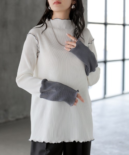 HUG.U(ハグユー)の「配色プリーツメロウトップス(Tシャツ/カットソー・レディース・ホワイト×グレー/ベージュ・FREE)」の12枚目の写真