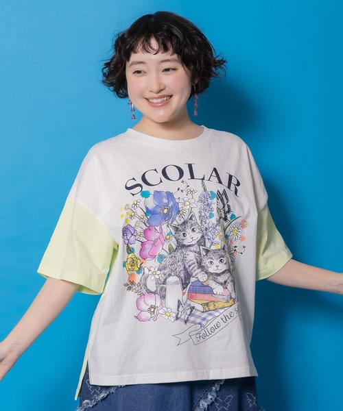 ScoLar(スカラー)の「161651:花ネコピクニック柄配色Tシャツ(Tシャツ/カットソー・レディース・パープル/チャコールグレー/オフホワイト・M)」の2枚目の写真