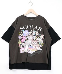 ScoLar | 161651：花ネコピクニック柄配色Tシャツ(Tシャツ/カットソー)