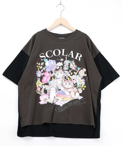 ScoLar(スカラー)の「161651:花ネコピクニック柄配色Tシャツ(Tシャツ/カットソー・レディース・パープル/チャコールグレー/オフホワイト・M)」の1枚目の写真