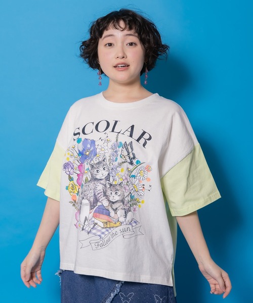 ScoLar(スカラー)の「161651:花ネコピクニック柄配色Tシャツ(Tシャツ/カットソー・レディース・パープル/チャコールグレー/オフホワイト・M)」の4枚目の写真