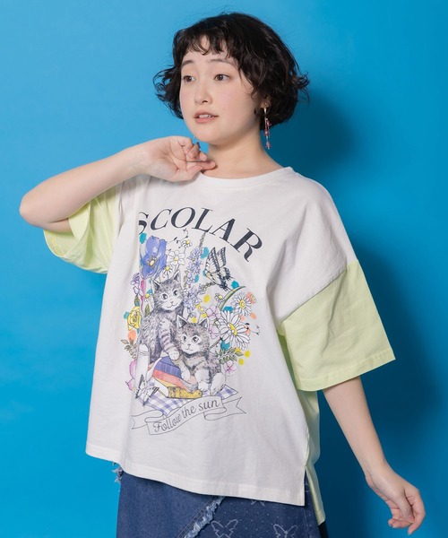 ScoLar(スカラー)の「161651:花ネコピクニック柄配色Tシャツ(Tシャツ/カットソー・レディース・パープル/チャコールグレー/オフホワイト・M)」の5枚目の写真