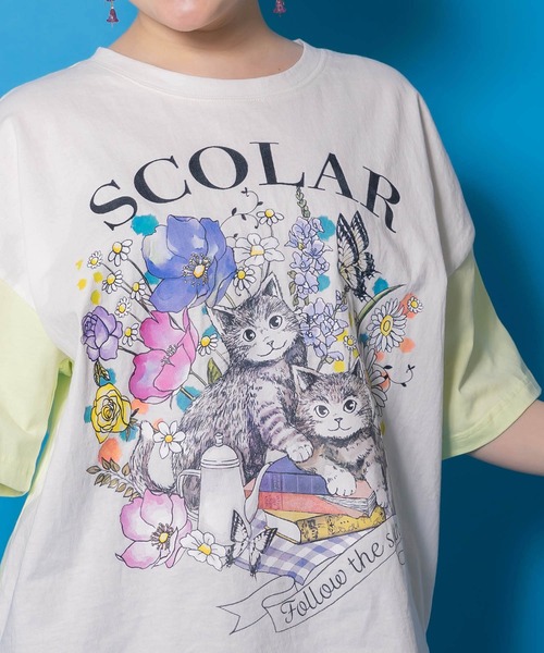 ScoLar(スカラー)の「161651:花ネコピクニック柄配色Tシャツ(Tシャツ/カットソー・レディース・パープル/チャコールグレー/オフホワイト・M)」の8枚目の写真