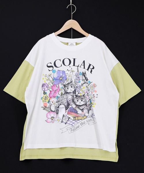 ScoLar(スカラー)の「161651:花ネコピクニック柄配色Tシャツ(Tシャツ/カットソー・レディース・パープル/チャコールグレー/オフホワイト・M)」の12枚目の写真
