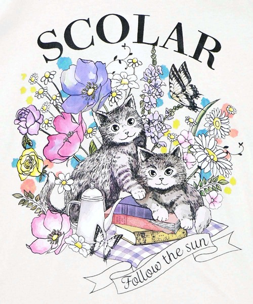 ScoLar(スカラー)の「161651:花ネコピクニック柄配色Tシャツ(Tシャツ/カットソー・レディース・パープル/チャコールグレー/オフホワイト・M)」の14枚目の写真