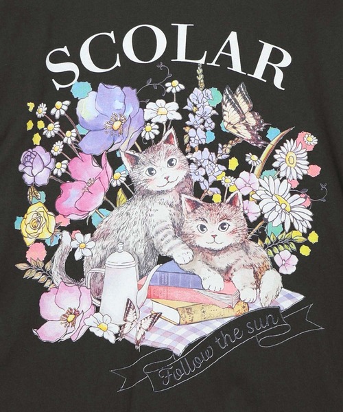 ScoLar(スカラー)の「161651:花ネコピクニック柄配色Tシャツ(Tシャツ/カットソー・レディース・パープル/チャコールグレー/オフホワイト・M)」の16枚目の写真