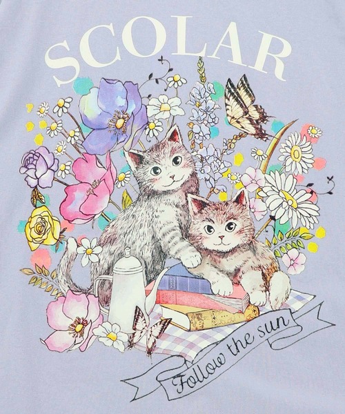 ScoLar(スカラー)の「161651:花ネコピクニック柄配色Tシャツ(Tシャツ/カットソー・レディース・パープル/チャコールグレー/オフホワイト・M)」の18枚目の写真