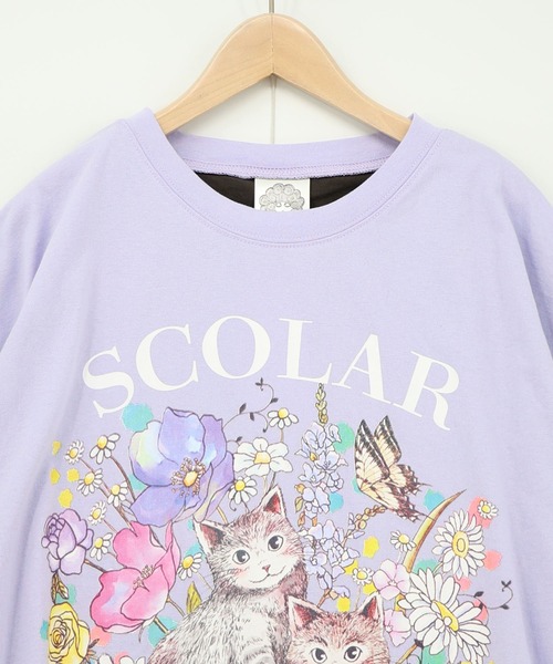 ScoLar(スカラー)の「161651:花ネコピクニック柄配色Tシャツ(Tシャツ/カットソー・レディース・パープル/チャコールグレー/オフホワイト・M)」の19枚目の写真