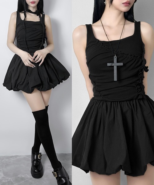 FOLLOWIN(フォロウィン)の「【バラマフラー付き】ギャザーラインバルーンミニワンピース(ワンピース・レディース・ブラック/ホワイト・FREE)」の1枚目の写真