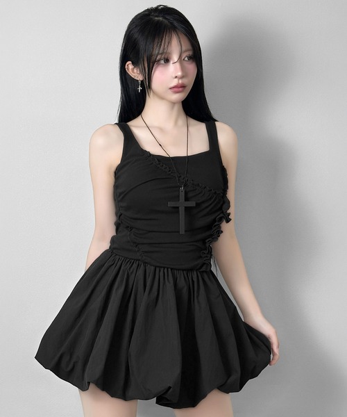 FOLLOWIN(フォロウィン)の「【バラマフラー付き】ギャザーラインバルーンミニワンピース(ワンピース・レディース・ブラック/ホワイト・FREE)」の19枚目の写真