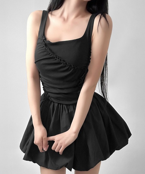 FOLLOWIN(フォロウィン)の「【バラマフラー付き】ギャザーラインバルーンミニワンピース(ワンピース・レディース・ブラック/ホワイト・FREE)」の22枚目の写真